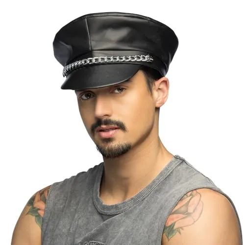 Boland 82001 - Mütze Rocker, Lederoptik, schwarz, Unisex, mit Gliederkette, Hut, Kopfbedeckung, Kostüm, Karneval, Mottoparty