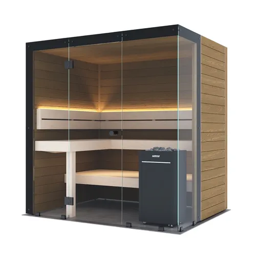 Harvia Block Right Medium Saunakabine - Design-Sauna aus Thermo-Erle 198x160x210cm, ideal für entspannende Momente, bietet hochwertige Verarbeitung und stilvolles Design.