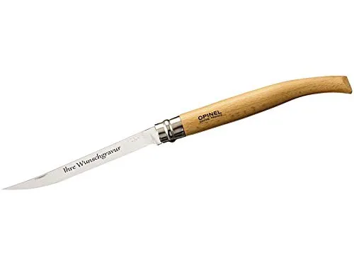 OPINEL Slim-Line, Größe 15, rostfrei, Buchenholz, mit persönlicher Gravur auf der Klinge