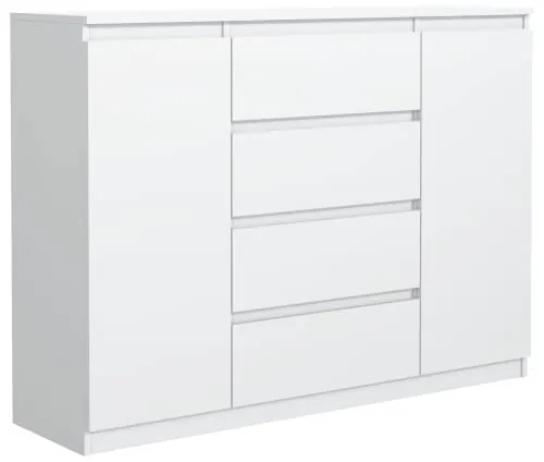 meble masztalerz Kommode Matt mit 4 Schubladen und 2 Türen 140 cm, Sideboard Wohnzimmer, Schlafzimmer H: 101,5 cm, B: 138,6 cm, T: 39 cm Kommode mit Schubladen, Schubladenschrank (Weiß)