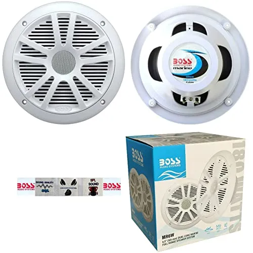 KIT-Set FÜR BOSS Audio Systems MR6W 2 Doppelkonus-Marinelautsprecher, 6,5 Zoll, 16,50 cm, 90 Watt RMS, 180 Watt max., wasserfest, weiß, pro Paar + 5 kostenlose Aufkleber