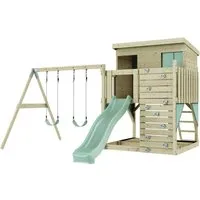 OutdoorToys Spielturm Nils grün - Spielplatz für Kinder ab 3 Jahren, aus robustem nordischer Fichte in mintgrün, fördert Bewegung und Kreativität im eigenen Garten.
