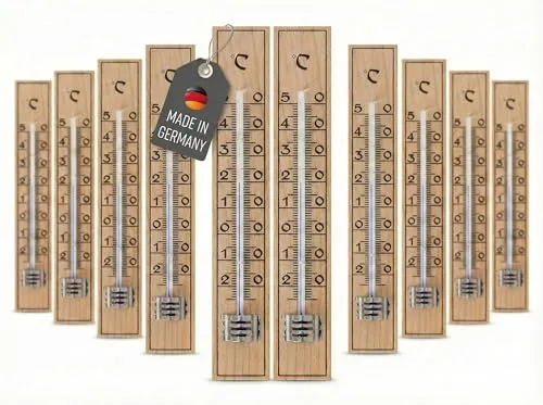 Lantelme 10 Stück Holzthermometer Temperaturbereich von -30-50°C | Klassisches Analog Holz Thermometer für Innen Außen Ideal als Gartenthermometer | Außenthermometer Umweltfreundlich ohne Batterien