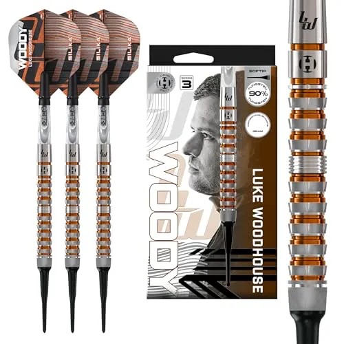 Harrows Luke Woodhouse Woody 90% Tungsten Darts, Serie 3 Softtip Darts Set 18g mit klaren C-360 Shafts & Silika Flights – Professionelle Softtip Darts für elektronische Dartboards - 18g