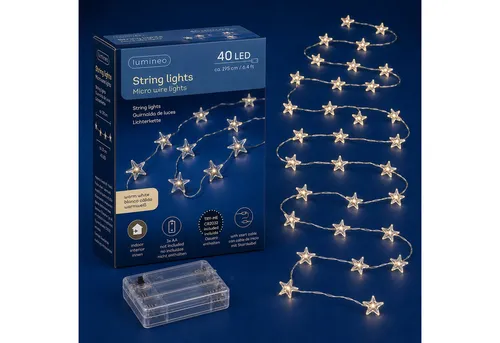 Lumineo LED-Lichterkette, LED Draht Lichterkette 1,95m mit Sternen 40 Micro-LEDs Warmweiß Silber