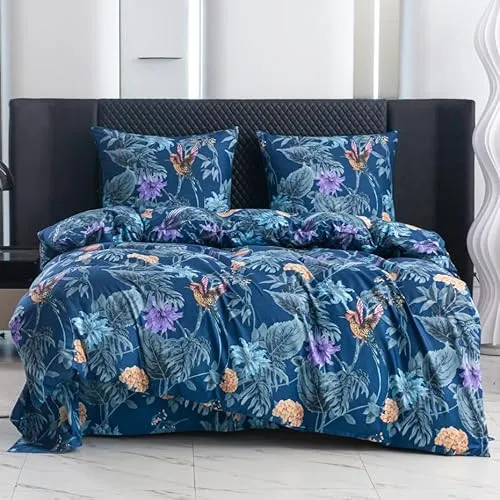 Cotton Market ÖKO-TEX Bettwäsche 220x200 cm - Mikrofaser Baumwolle - Bettwäsche-Sets 3 Teilig ‎mit Reißverschluss - Bettbezug 220 cm und 2 Kissenbezug 70x80 cm - Kolibri/Blau