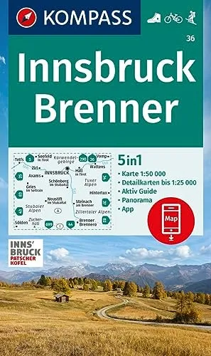 KOMPASS Wanderkarte 36 Innsbruck, Brenner 1:50.000: 5in1 Wanderkarte mit Panorama, Aktiv Guide und Detailkarten inklusive Karte zur offline Verwendung in der KOMPASS-App. Fahrradfahren. Skitouren.