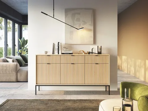 Selsey Sideboard VELLORE – 154 cm, Beige mit 3 Türen & 3 Schubladen - Modernes Sideboard mit geriffelten MDF-Fronten und robustem Metallgestell. Ideal für stilvolle Aufbewahrung in jedem Wohnraum. Einfache Selbstmontage inklusive Anleitung.