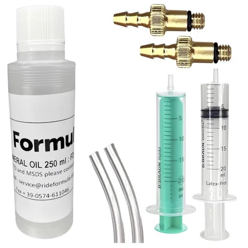 FORMULA Cura E4 Mineralöl 250ml mit Entlüftungskit - Bremsen Kategorie: Hochwertiges Mineralöl und Service Kit für eine zuverlässige Entlüftung Ihrer hydraulischen Scheibenbremsen - ideal für Mountainbikes und E-Bikes.