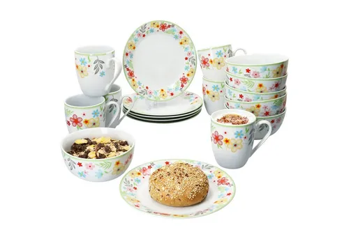 MamboCat Frühstücks-Geschirrset 18tlg - Blümchen Porzellan für 6 Personen - Elegantes Frühstücksset aus hochwertigem Porzellan, ideal für stilvolle Frühstücke mit Familie und Freunden.