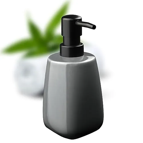 KADAX Seifenspender, 7,5x7,5x17cm Flüssigseifenspender aus Keramik, nachfüllbarer Lotionspender mit Kunststoffpumpe und 5 Farbvarianten, Spülmittel-Spender (Grau)