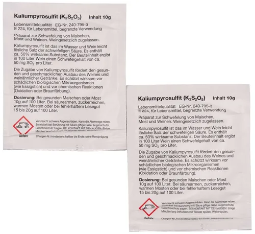 2x Vina Schlag Kaliumpyrosulfit 10g Schwefelpulver für Maische 29,95€/100g