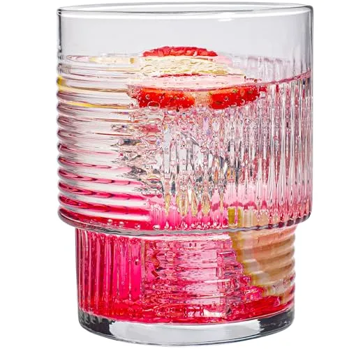 KONZEPT Geriffelte Gläser Set 6-teilig, 320ml transparente Trinkgläser Set, Ideal für Eiskaffee, Cocktails, Säfte, Spülmaschinenfest