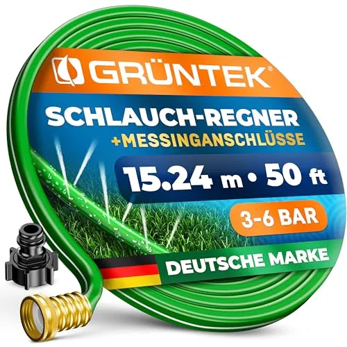 GRÜNTEK 50 Fuß Beregnungsschlauch - Gartenschlauch mit 15,24 m Länge, Anti-Algen-Beschichtung und UV-Schutz für eine langlebige Nutzung im Garten.