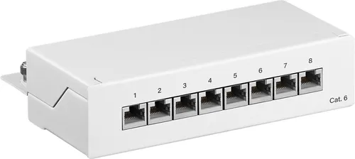 Goobay 62069 CAT 6 Mini/Desktop Patch Panel, 8 Port, Weiß - 8-Port CAT 6 Mini/Desktop Patch Panel mit RJ45-Buchsen für einfache Kabelorganisation. Werkzeugfreie Montage und geschirmte Ports garantieren eine zuverlässige Verbindung. Ideal für Wand- und Desktop-Montage.