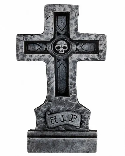 Horror-Shop Dekoobjekt R.I.P. Grabstein als Kreuz mit Totenkopf 60cm - Gruseliger R.I.P. Grabstein als Kreuz mit Totenkopf für stimmungsvolle Halloween-Dekoration. Ideal für Innen- und Außenbereich, um eine schaurige Atmosphäre zu schaffen. Maße: 60 × 38 × 3 cm, aus hochwertigem Polystyrol.