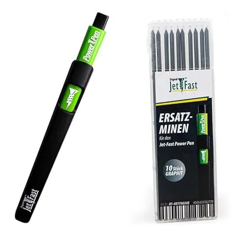 Jet-Fast - Premium Markierstift 2,8mm Graphitmine (INKLUSIVE 10 Minen + Anspitzer) Markierwerkzeug, Bleistift Set für Werkstatt, Baustelle, Tieflochmarker, Zimmermannsbleistift, Spezial-Graphitstift