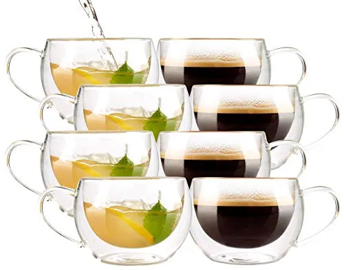 Cucina di Modena Glastasse doppelwandig: Doppelwandiges Kaffee- & Tee-Glas, 8er-Set (Doppelwandige Tasse mit Henkel, Glas-Tasse als Geschenk, Doppelglas Kaffeetassen)