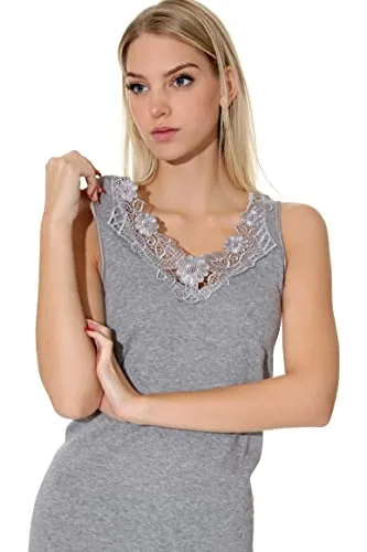 Damen Shirt, Unterhemd Gekämmte Baumwolle mit extra großer Spitze Ohne Seitennaht (52/54, grau)