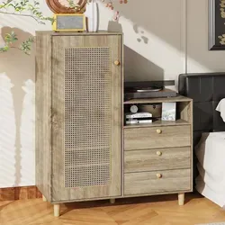 Kombinierter Rattan-Kleiderschrank & Nachttisch – Beige, 100 x 50 x 130 cm