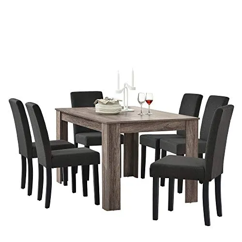[en.casa] Dunkelbraune Tischgruppe für 6 Personen - Esstischgruppe in edlem Eichen-Design, perfekt für stilvolle Esszimmer. Inklusive 6 hochwertiger Stühle mit Textilbezug, ideal für gesellige Abende.