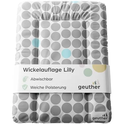 Geuther Wickelauflage Lilly, abwaschbar 52x75cm | Sicherheitsauflage für Wickelregal Clarissa - Die Geuther Wickelauflage Lilly bietet hohen Liegekomfort mit erhöhtem Rand und Kopfschutz für Ihr Baby. Pflegeleicht und in 15 kinderfreundlichen Designs erhältlich. Ideal für eine sichere Wickelumgebung!