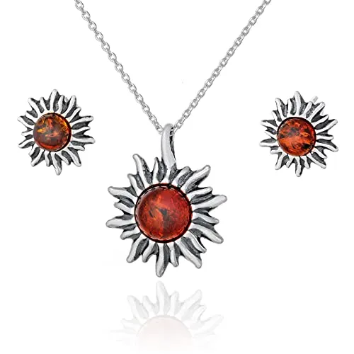 AMBEDORA Silber Damen-Set Kleiner Sonnenschein, Sterling Silber 925, Baltischer Bernstein in Cognac, Anhänger mit Ankerkette und Ohrringe, Fertiges Set für ein Geschenk