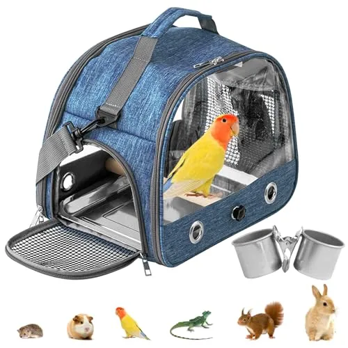 WIYETY Transportbox Transportbehälter für Vögel: Rucksack für Vögel mit Sitzstange und Edelstahl Tablett, Leichter Atmungsaktiver Transportbox, Haustier Reisekäfig für Papageien Sittiche (Typ 1)