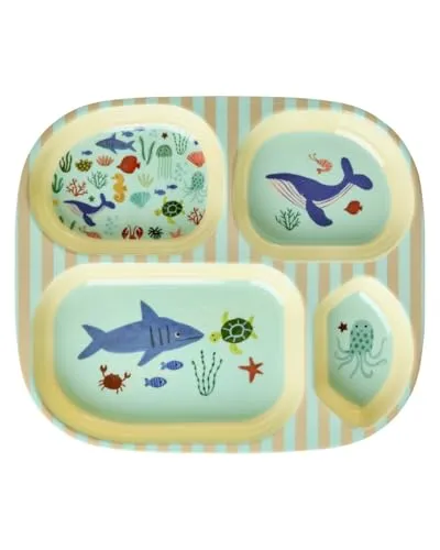 Rice Melamin Kinderteller mit 4er Einteilung - blau - Ocean Print