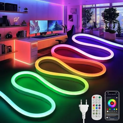 BRIMETI 10M Neon LED Strip, RGBIC Neon LED Streifen, Schlauch 230V APP und Fernbedienung,Musik Sync,Innen Aussenbereich Leiste Wasserdicht IP65 Flexibel, für Zuhause,Schlafzimmer (mit Netzteil)