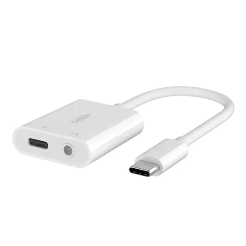 Belkin USB-Adapter RockStar, NPA004BTWH - Smartphone Zubehör mit USB-C Buchse und Klinke, ideal zum gleichzeitigen Laden und Musikhören. Schnelles Laden mit bis zu 60 W und hervorragende Audioqualität dank Digital-Analog-Konverter.