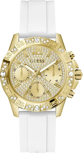 Guess GW0772L3 Damenuhr Majesty 42mm - Damenuhr mit elegantem goldfarbenen Zifferblatt und Zirkonia-Besatz, wasserdicht bis 5 ATM – der perfekte Begleiter für jeden Anlass.