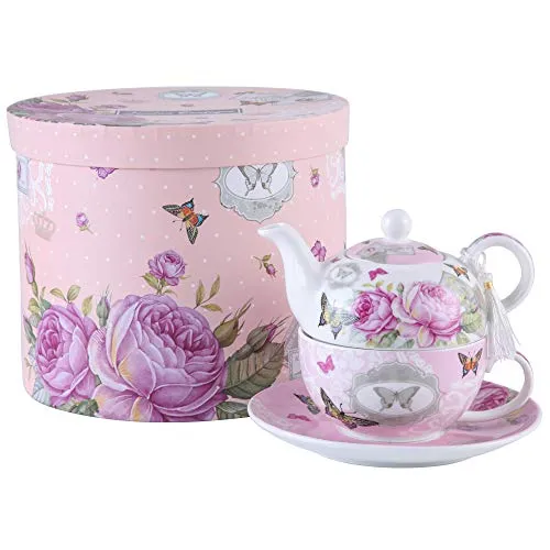 London Boutique Teekannen für eine Tasse Teekanne Teetasse Untertassen,Porzellan in Geschenkbox 15x15cm (Rosa Schmetterlingsrose)
