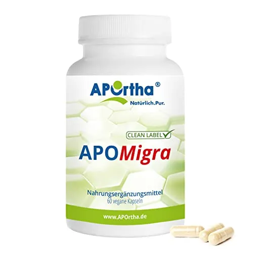 APOrtha® APOMigra - vegane Kapseln 60 St - Arzneimittel für Migräneprophylaxe, rezeptfrei erhältlich und ideal für eine natürliche Unterstützung bei Kopfschmerzen.
