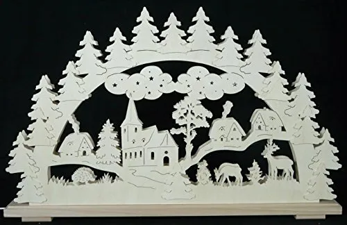 Rudolphs Schatzkiste Schwibbogen mit Haus Kirche Waldtiere und Beleuchtung BxHxT 70x43x7cm NEU Lichterbogen Fensterbogen Spitzbogen Erzgebirge Seiffen Weihnachten Licht Holz Dekoration Beleuchtung