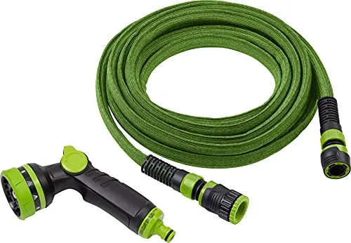 Werkzeyt Flexibler Gartenschlauch - 15 - 30 m - Inkl. Multifunktionsbrause - Flexibler Gartenschlauch dehnt sich bei Wasserdruck auf bis zu 30 m aus und zieht sich selbstständig auf 15 m zurück. Strapazierfähiges Material und kompakte Lagerung machen ihn ideal für Garten und Balkon.