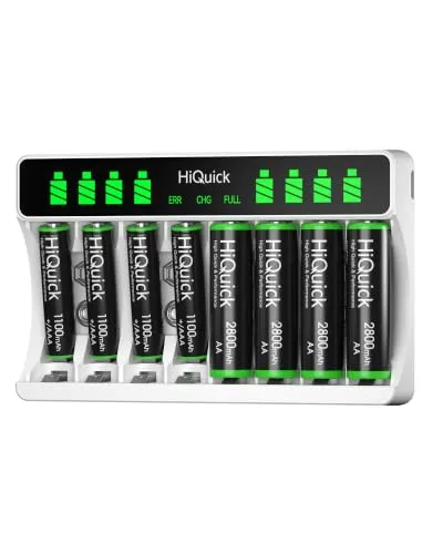 HiQuick Akku Ladegerät mit AA Akku 4 Stück und AAA Akku 4 Stück, für Mignon AA, Micro AAA NI-MH/NI-CD wiederaufladbar Batterien, 8-Ladeplatz mit LCD Anzeige