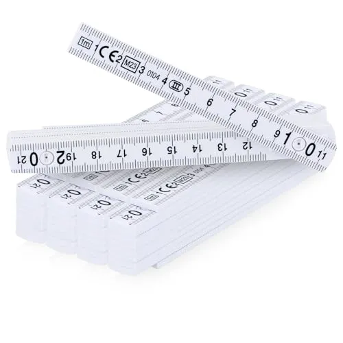 com-four® 5X Mini-Zollstock aus Kunststoff, 1 Meter Gliedermaßstab mit 10 Glieder, metrisch und in weiß (5 Stück - 1m weiß)