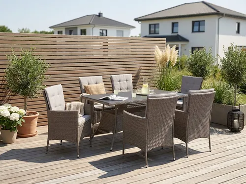 KONIFERA Garten-Essgruppe Mailand 19-tlg. Set - Gartenmöbel-Set mit 6 bequemen Sesseln und einem eleganten Tisch (150x80 cm), inkl. abnehmbaren Auflagen für höchsten Komfort und einfache Pflege.