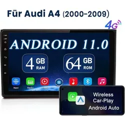 Zoll Android 11 Autoradio GPS Navi Für AUDI A4 2000-2009 Wireless Carplay 64GB BT FM RDS 9