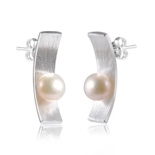 MATERIA 925 Silber Ohrstecker Perlen gebogen - Damen Ohrringe Perle mit Box
