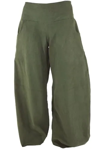 GURU SHOP Weite Cord Pluderhose, Feincord Boho Hose - Olive, Damen, Baumwolle, Size:S