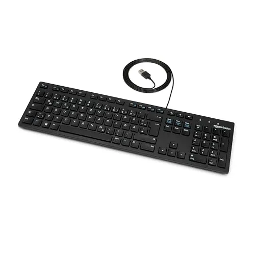 Amazon Basics Tastatur mit DE-Layout, flach, USB-kabelgebunden, Mattschwarz