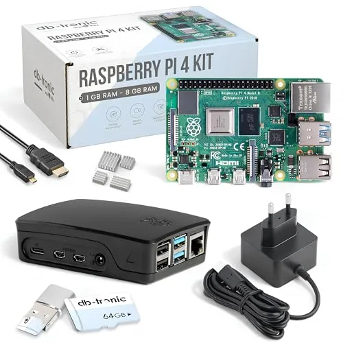 Raspberry Pi 4 4GB Starter-Kit | 64GB Black Edition | Offizielles Netzteil 15W | Offizielles Gehäuse | 4k Micro HDMI Kabel | Kühlkörper Set | USB-Kartenleser
