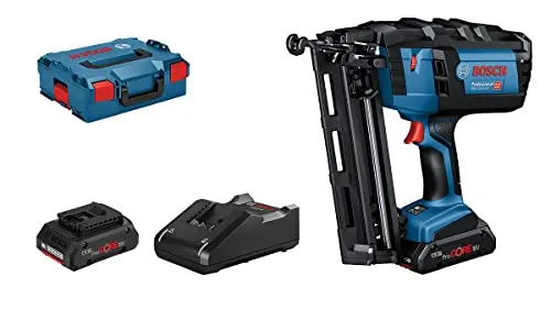 Bosch Professional Akku-Holznagler GNH 18V-64 M - Tacker für präzises Nageln in Holz, inklusive 2 leistungsstarker ProCORE18V 4.0Ah Akkus und praktischem L-BOXX 136 für einfachen Transport.