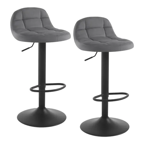 WOLTU Barhocker 2er Set Barstuhl mit Rückenlehne Fußstütze höhenverstellbar (60-82cm) 360° Drehstuhl bis 150kg belastbar Samt Metall Dunkelgrau BH317dgr-2