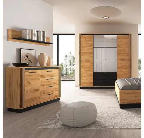 Lomadox Schlafzimmer-Set URBANIA-131, 3-tlg. in Eiche mit Schwarz - Elegantes Schlafzimmer-Set URBANIA-131 in Eiche und Schwarz. Mit hochwertiger Verarbeitung und durchdachten Details bringt es Stil und Funktionalität in dein Zuhause. Ideal für eine stilvolle und gemütliche Schlafumgebung.