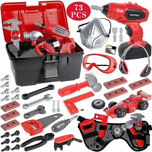 MULEVIP Werkzeugkoffer für Kinder 73Stk, Kinderwerkzeug ab 2 Jahre, Rollenspiel Spielzeug Mit Bohrmaschine