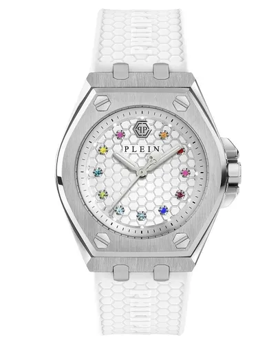 Philipp Plein Watch PWJAA0122 - Elegante Damenarmbanduhr mit silberfarbenem Edelstahlgehäuse und hochwertigem Quarzwerk. Das stilvolle Design mit weißem Silikonarmband und Mineralglas macht sie zum perfekten Accessoire für jeden Anlass.