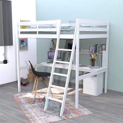 WEBER INDUSTRIES Hochbett Studio 140 x 190 cm + 1 Lattenrost + Box 3 Schubladen + Schreibtisch + Regal/Weiß